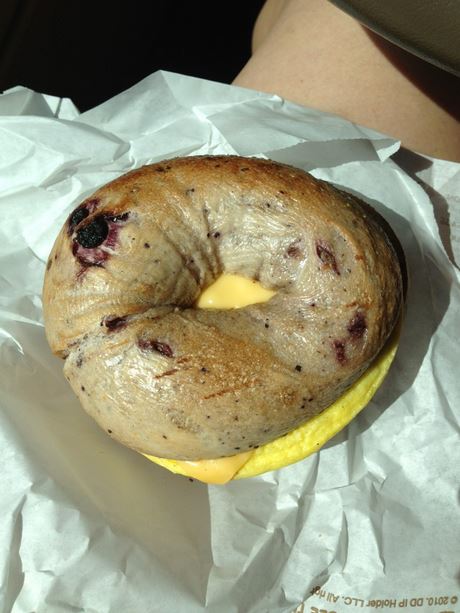 bacon egg and cheese on blueberry bagel